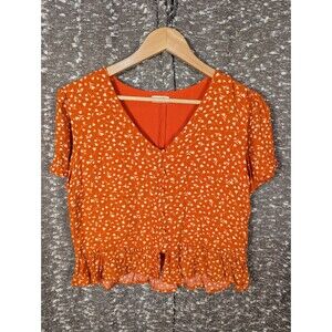 Harper Heritage Orange Floral Ruffled Button Up V-Neck Blouse Women's‎ S